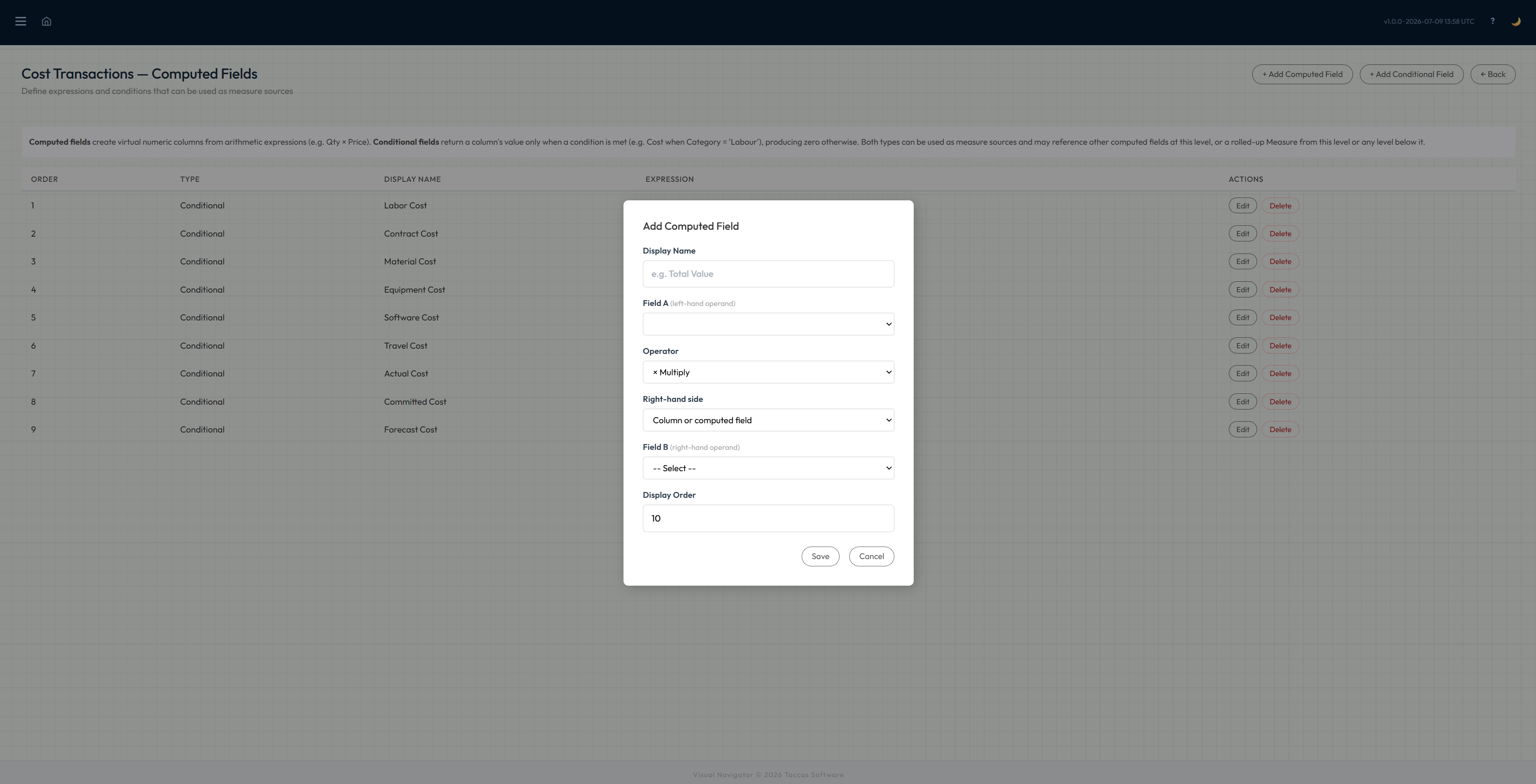 Navi computed value builder showing the result name, two source values and calculation choice
