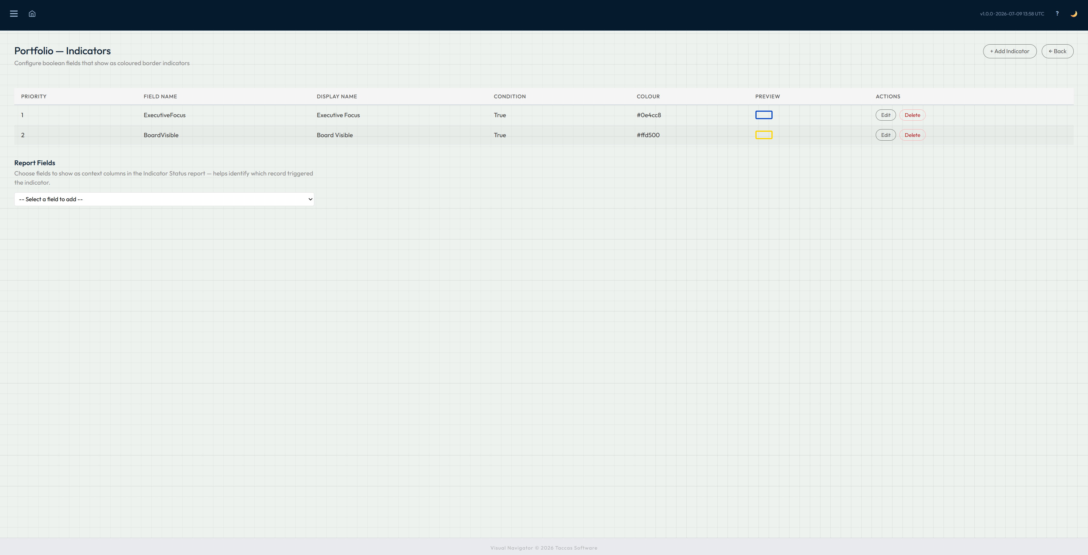 Navi indicator setup showing display names, source fields, colours, order and report fields