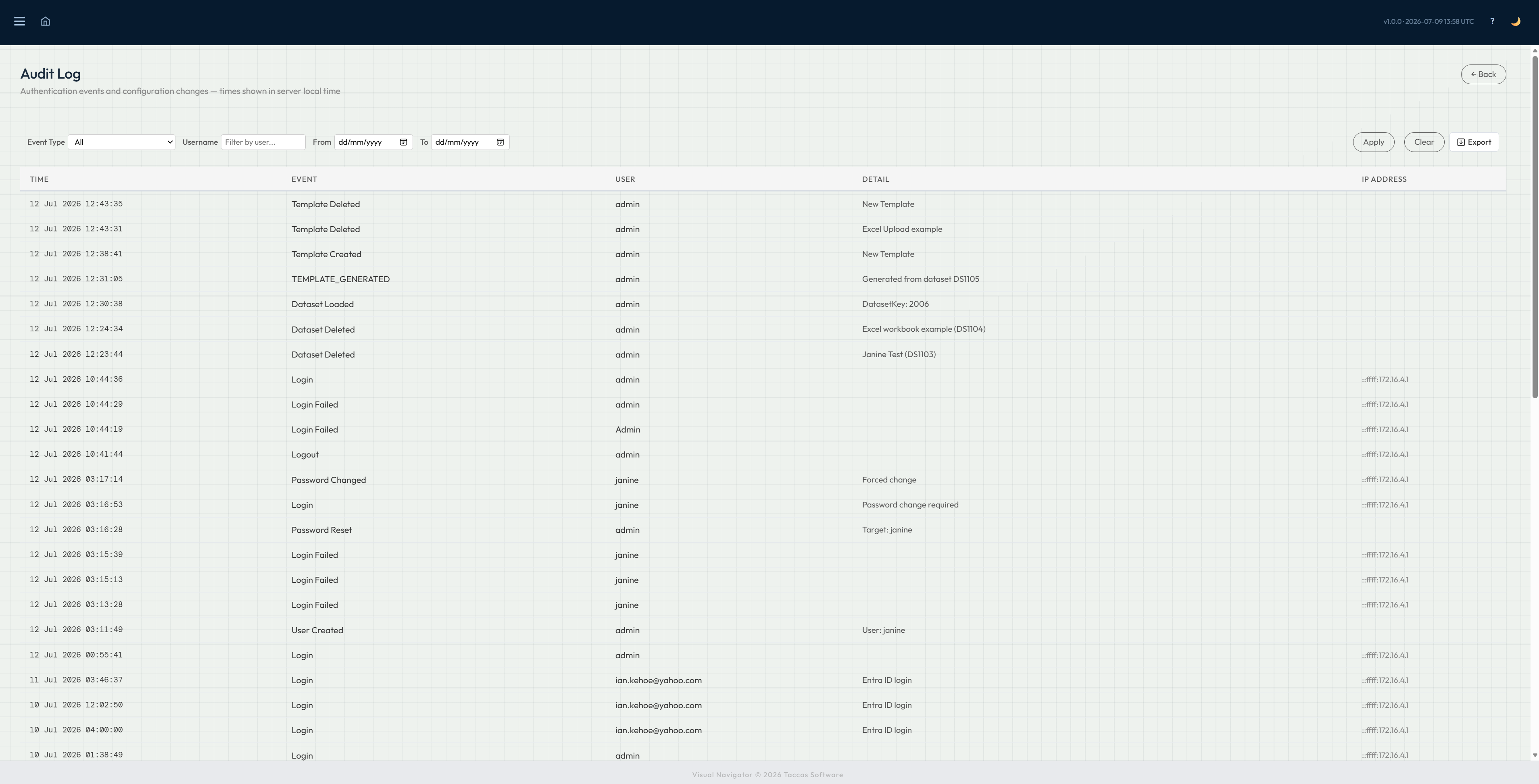 Navi Audit Log showing dated sign-ins and configuration changes