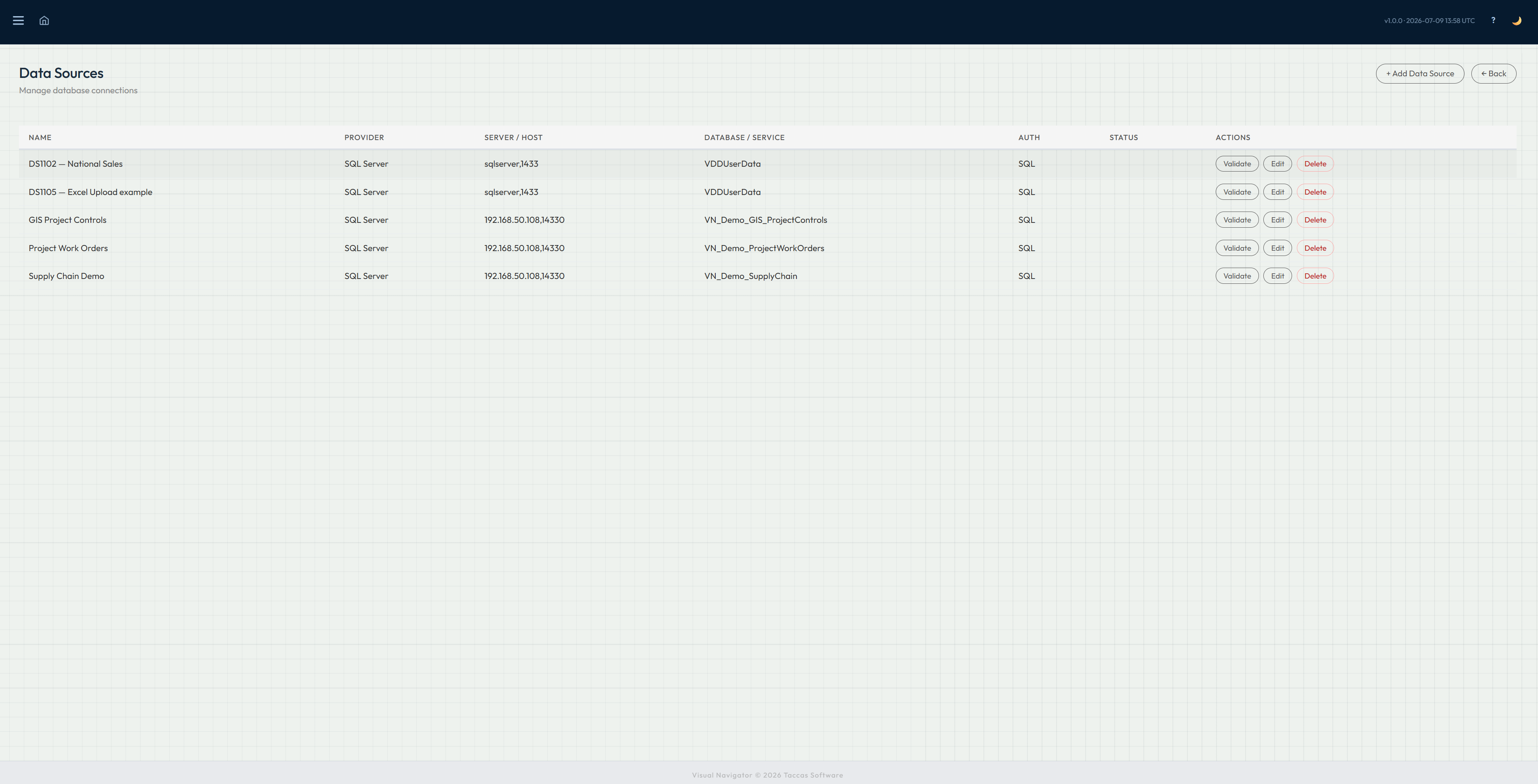 Navi database source administration showing configured business database connections