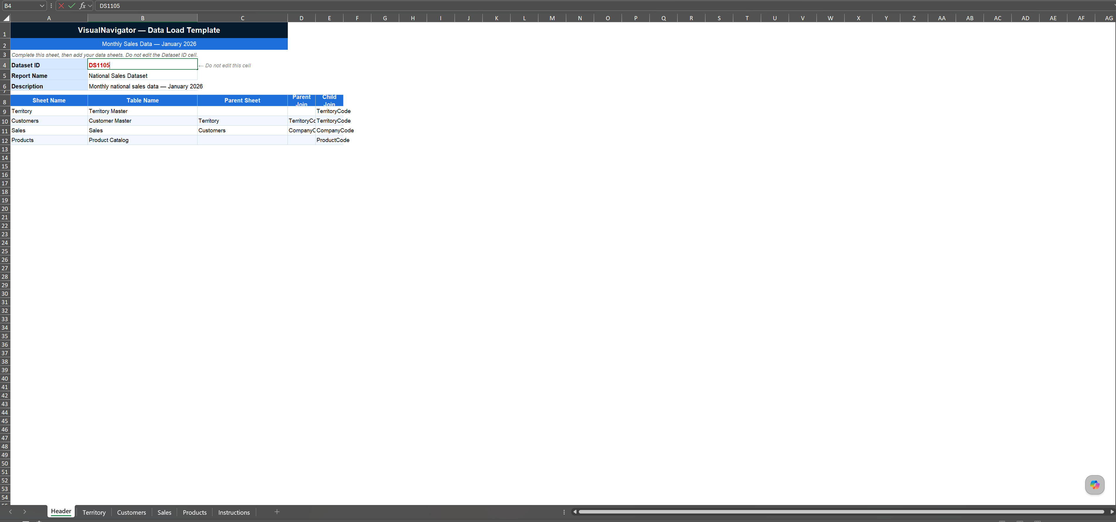 Generated Navi workbook Header sheet listing Territory, Customers, Sales and Products sheets and how they connect