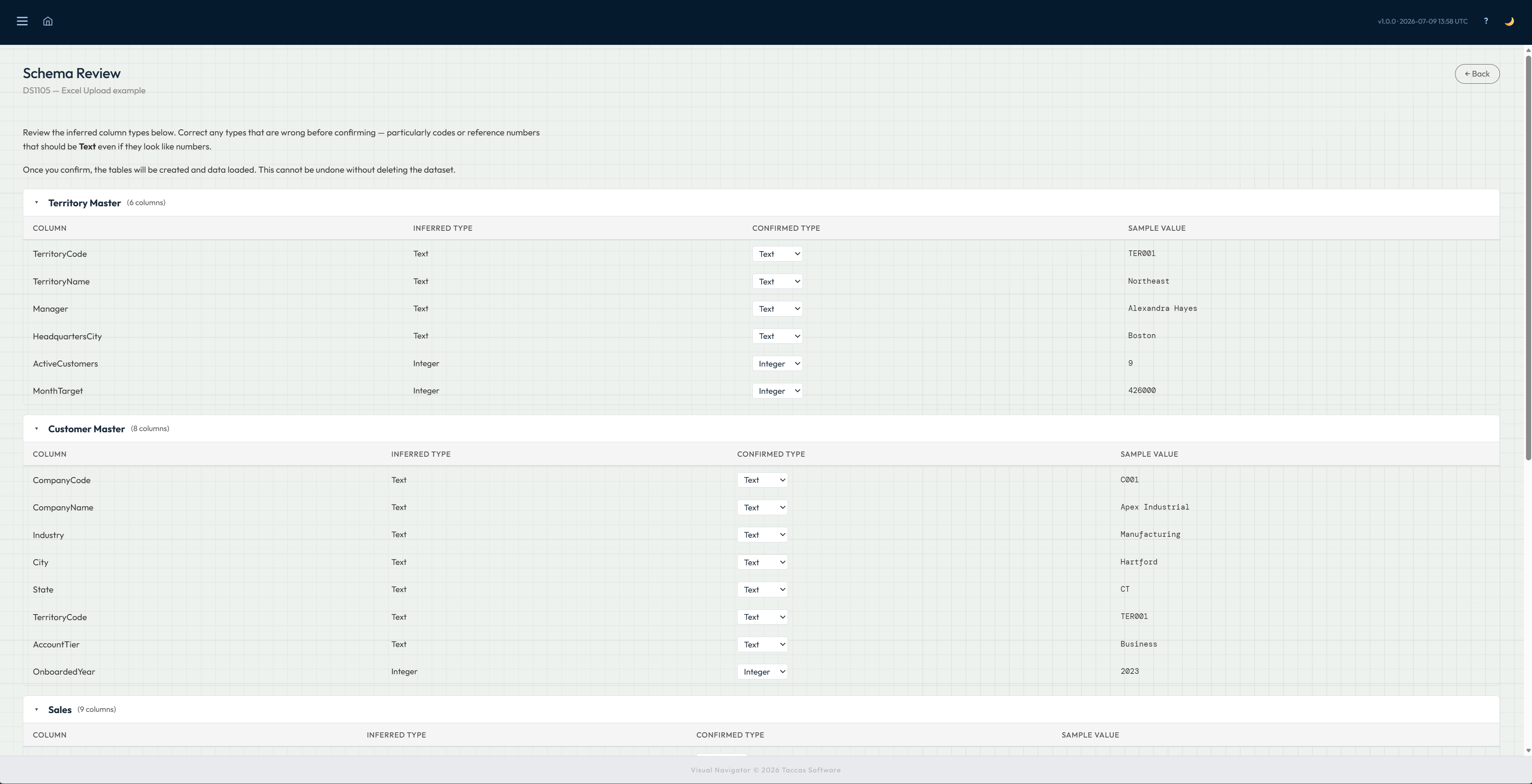 Navi Schema Review showing each workbook column, the recognised type and a sample value