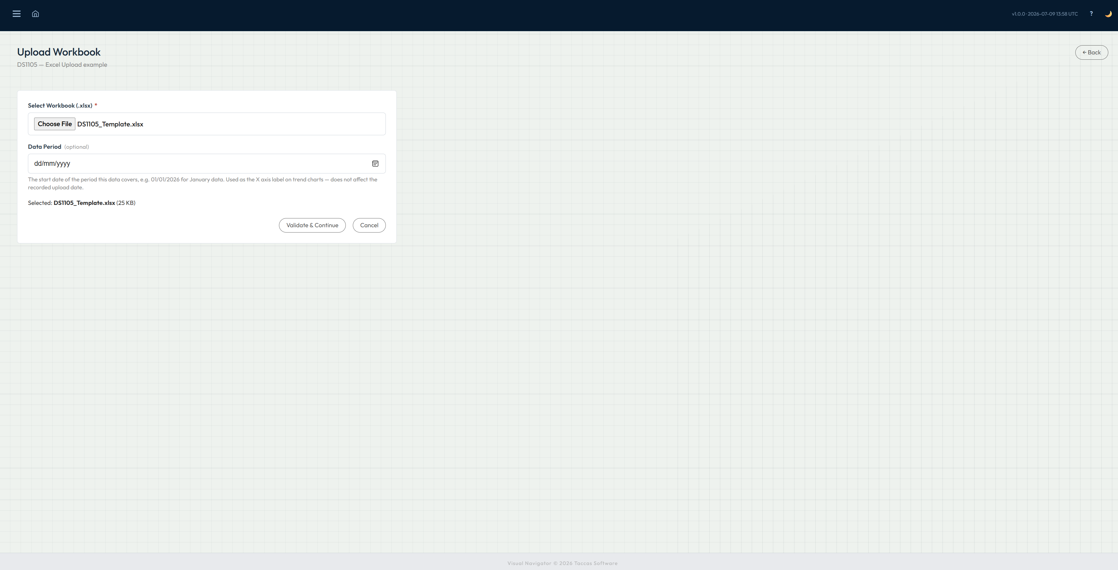 Navi Upload Workbook screen with workbook selection, data period and Validate and Continue button