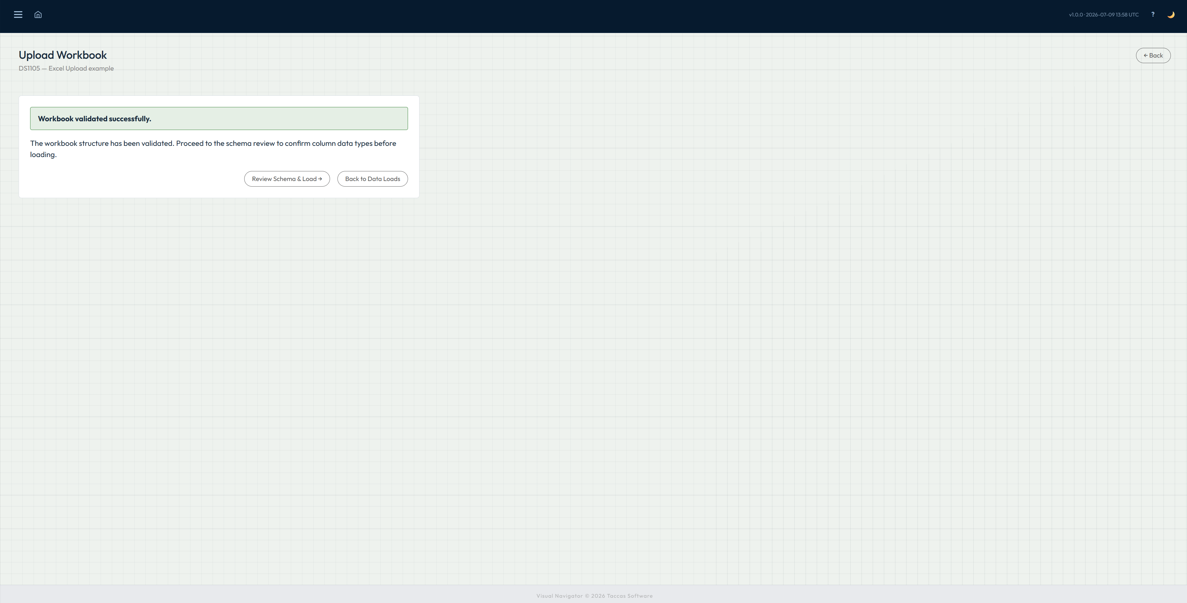 Navi confirmation that the workbook structure validated successfully