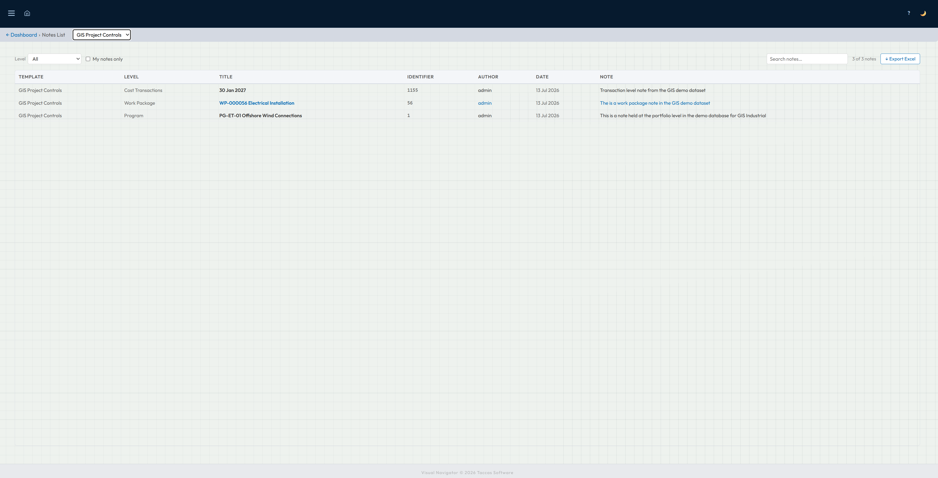 Navi Notes List report showing notes from several business levels with their record, author, date and note text