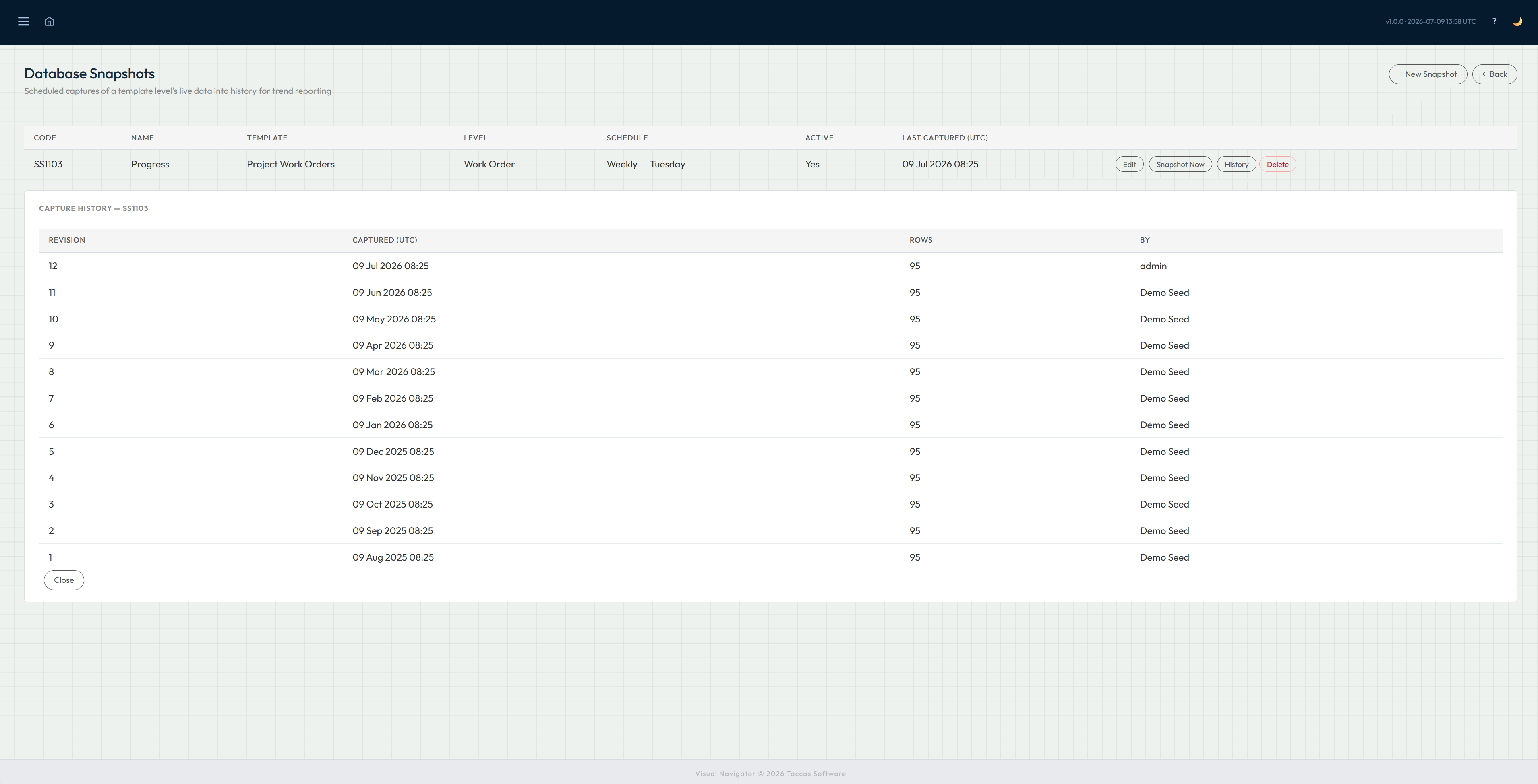 Navi Database Snapshots screen showing a weekly snapshot and twelve saved revisions with capture times, row counts and creators
