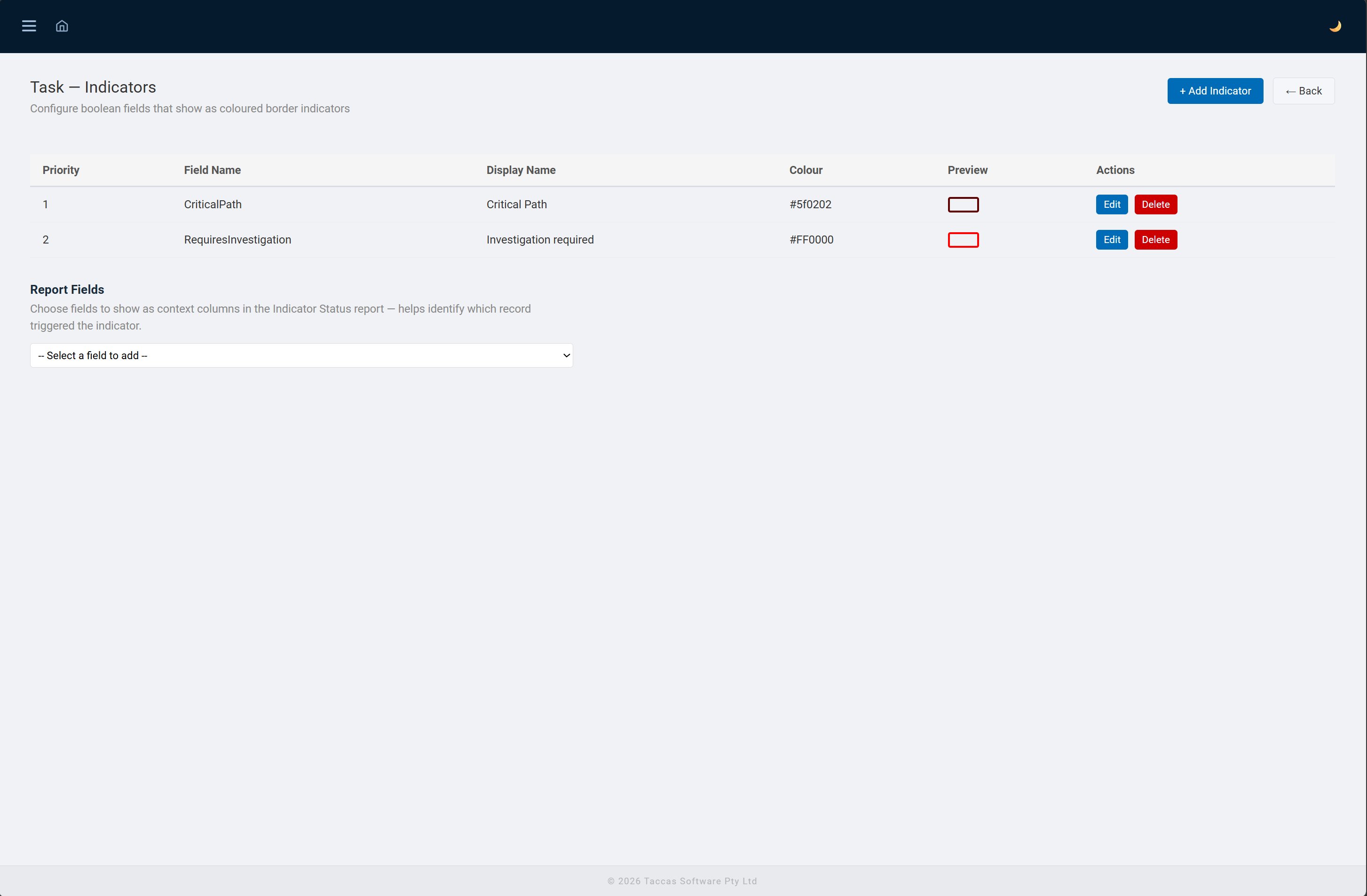 Task indicators configuration showing Critical Path and Investigation Required with colour swatches