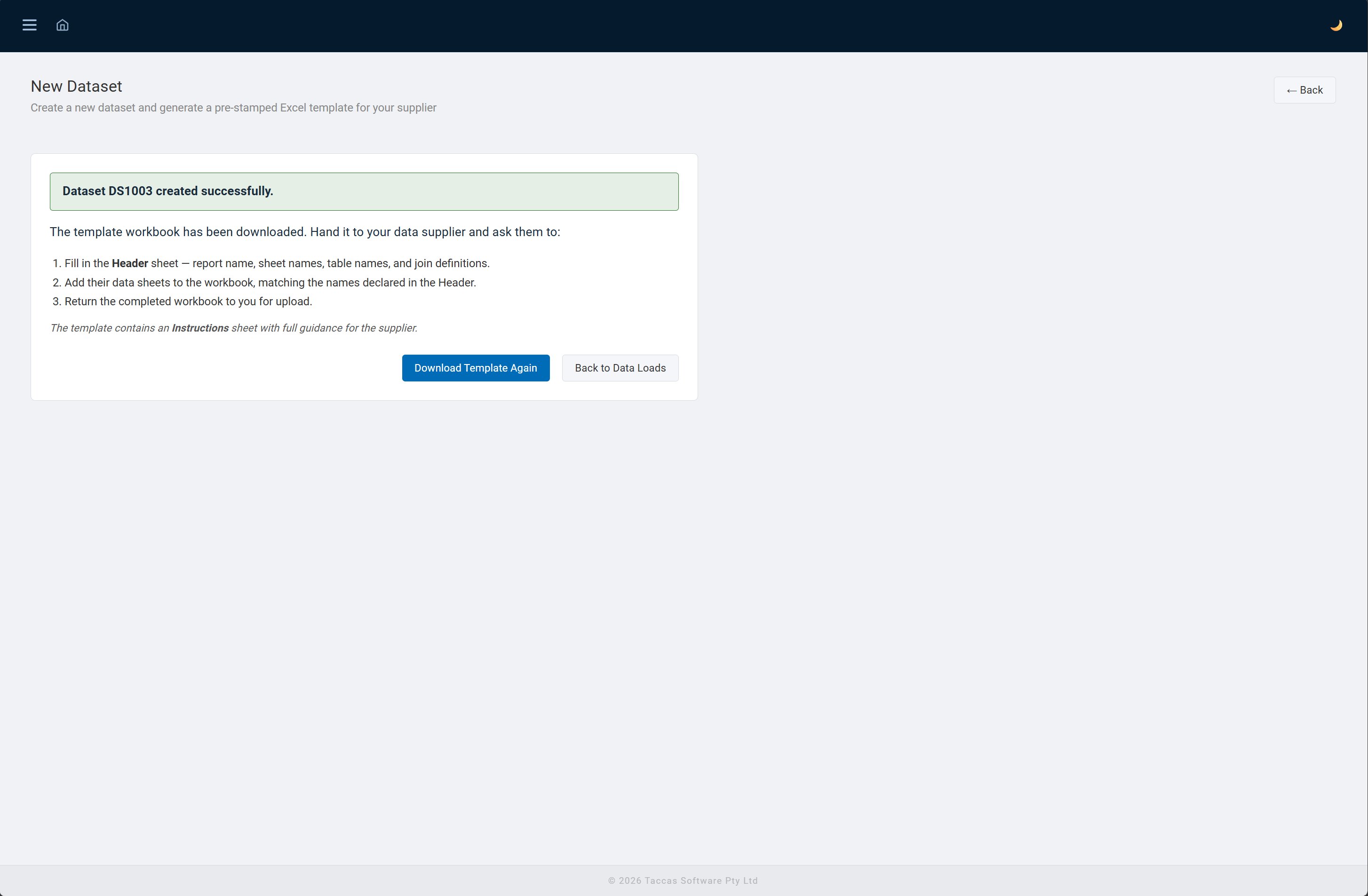 Dataset created confirmation showing three-step instructions for filling in the template